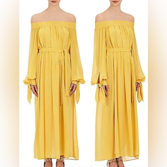 Derek Lam Women's Silk Georgette Off-the-Shoulder Belted Yellow Dress Size 4 - Picture 11 of 12